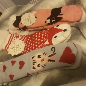 Lot of 3 Sherpa Critter Socks Cats Fox